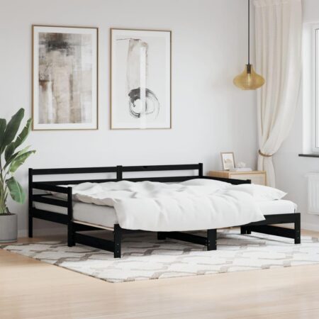 Daybed med udtræk 90x200 cm massivt fyrretræ sort