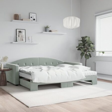 Daybed med udtræk og madras 90x200 cm velour lysegrå