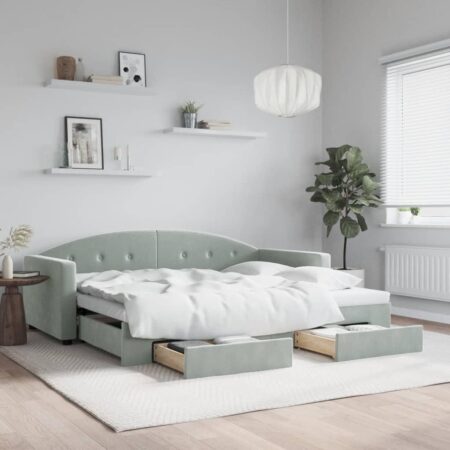 Daybed med udtræk og skuffer 90x200 cm velour lysegrå