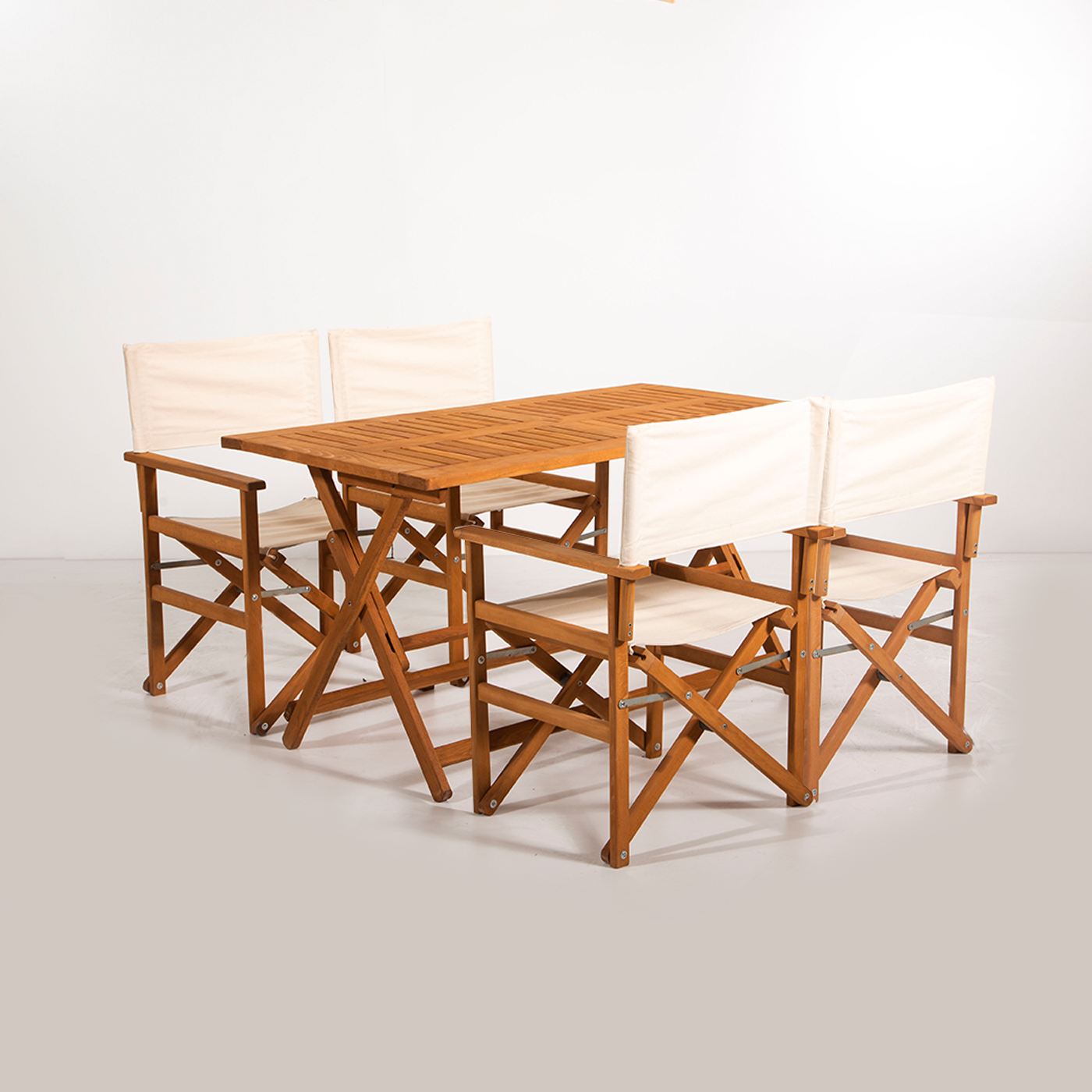 NORDVÄRK MYR01 havesæt m. 1 havebord og 4 havestole, foldbar - creme stof og natur træ NORDVÄRK MYR01 havesæt m. 1 havebord og 4 havestole, foldbar - creme stof og natur træ