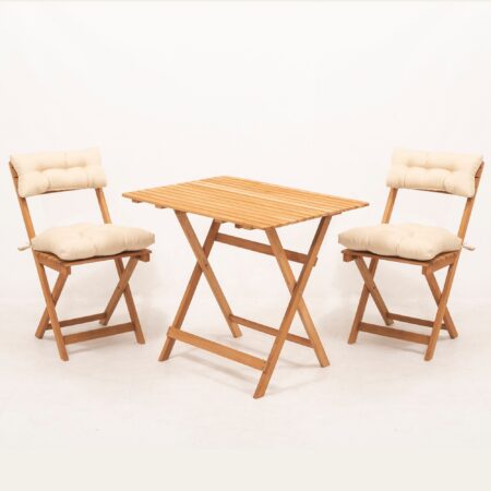 NORDVÄRK My003A havesæt m. 1 havebord og 2 havestole, foldbar - creme hynder og natur bøgetræ