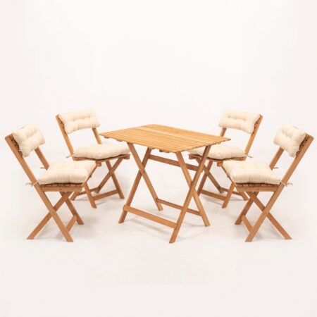 NORDVÄRK My004A havesæt m. 1 havebord og 4 havestole, foldbar - creme hynder og natur bøgetræ