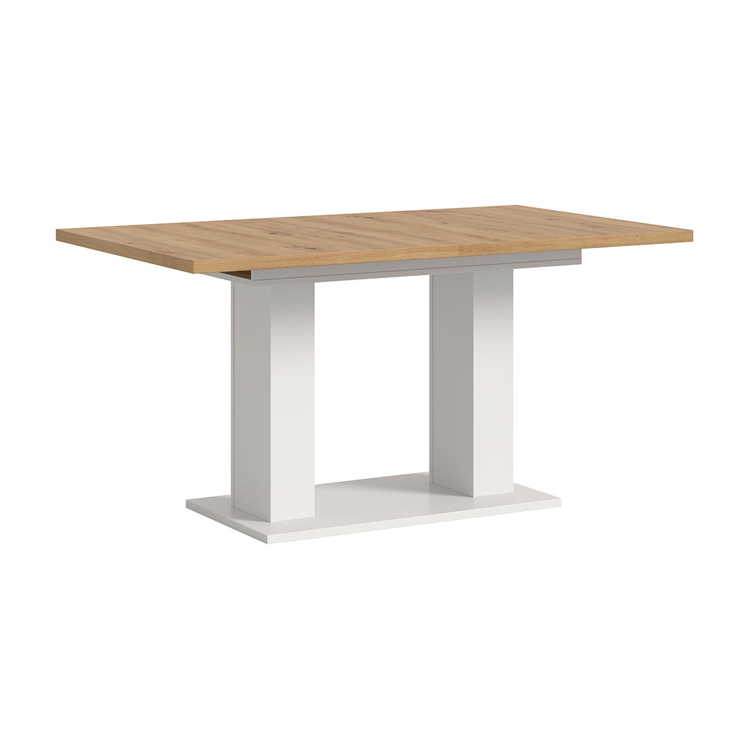 Motion spisebord dobbelsøjle-fod 90x150/190cm inkl. 1 tillægsplade eg dekor, hvid Motion spisebord dobbelsøjle-fod 90x150/190cm inkl. 1 tillægsplade eg dekor, hvid