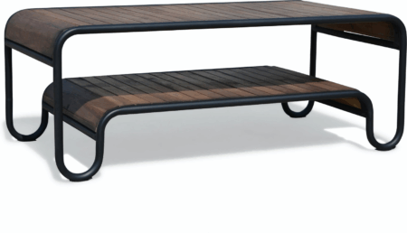 Sofabord OBUZI Christiania Dark, rustikt loungebord i rosentræ og jern med underbord, 120x60x45 cm