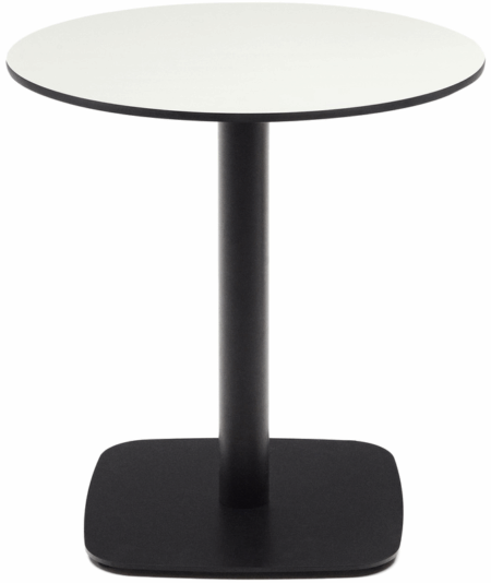 Udendørs cafébord Kave Home Dina Ø68 x H70 cm hvid fenolisk bordplade sort metalstel