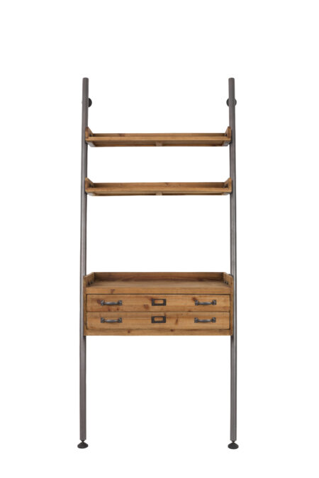 WHITE LABEL LIVING Rook stigereol, m. bordplade, 2 hylder og 2 skuffer - brun fyrretræ og jern