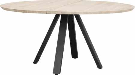 Rundt spisebord Rowico Carradale Ø150 cm hvidkalket egetræ med sorte V-formede pulverlakerede metalben