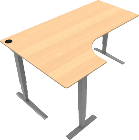 L-formet to-bens hæve-/sænkebord ZenNord Rise&Rest venstrevendt sit-stand skrivebord naturbøg/sølv H65-125 cm
