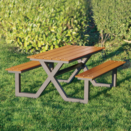 Hortus - Bord-/bænkesæt X-model teak nonwood og antracitstel, H: 72/44 x B: 151 x L: 176 cm