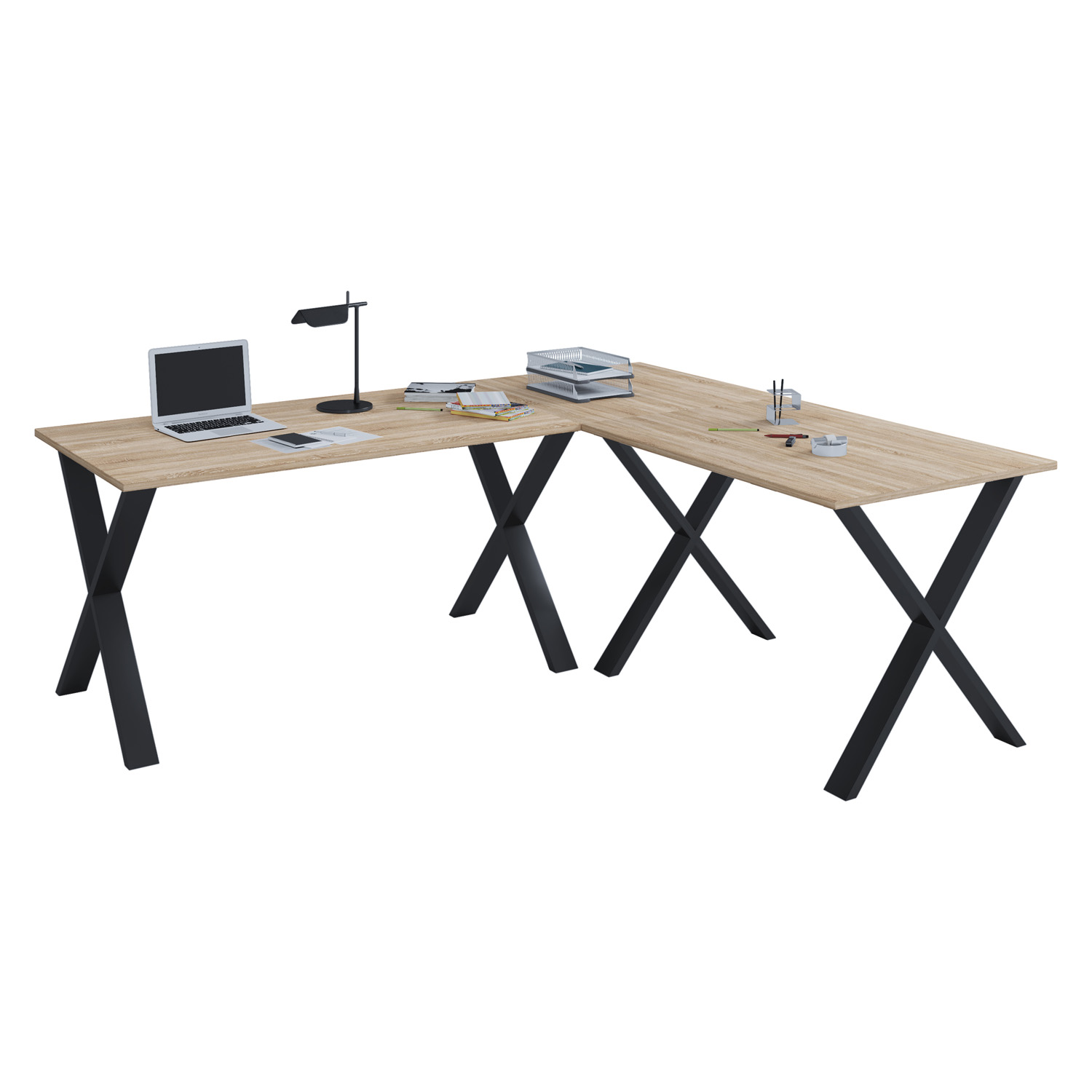 Lona X-feet skrivebord - natur træ og sort metal (130x130x50) Lona X-feet skrivebord - natur træ og sort metal (130x130x50)