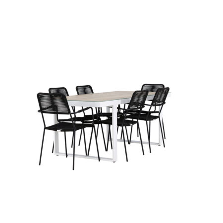Merlo havesæt bord 90x200cm hvid, 6 stole sort