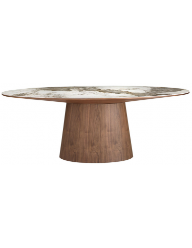 Ovalt spisebord i valnøddefinér og porcelæn 220 x 112 cm - Valnød/Hvid marmor