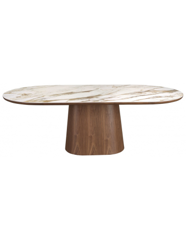 Ovalt spisebord i valnøddefinér og porcelæn 240 x 120 cm - Valnød/Hvid marmor
