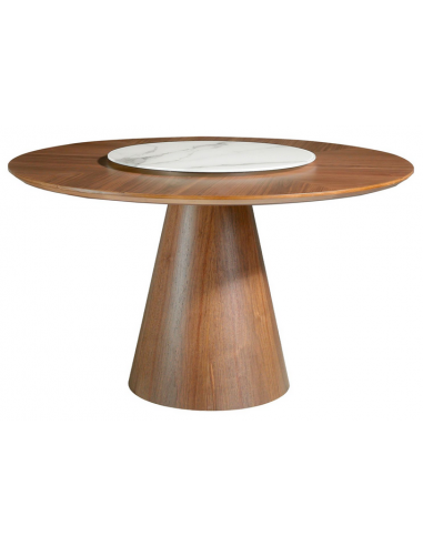 Rundt spisebord med drejeplade i valnøddefinér og porcelæn Ø135 cm - Valnød/Hvid marmor