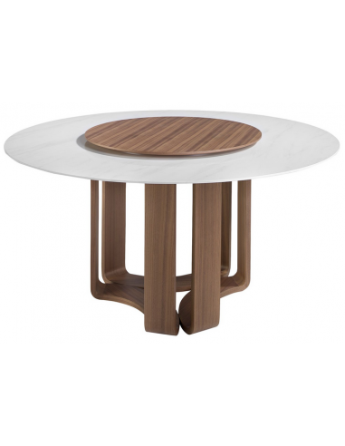 Rundt spisebord med drejeplade i valnøddefinér og porcelæn Ø150 cm - Valnød/Hvid marmor