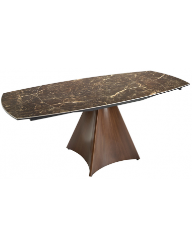 Spisebord med udtræk i stål og porcelæn 135 - 205 x 90 cm - Valnød/Brun marmor