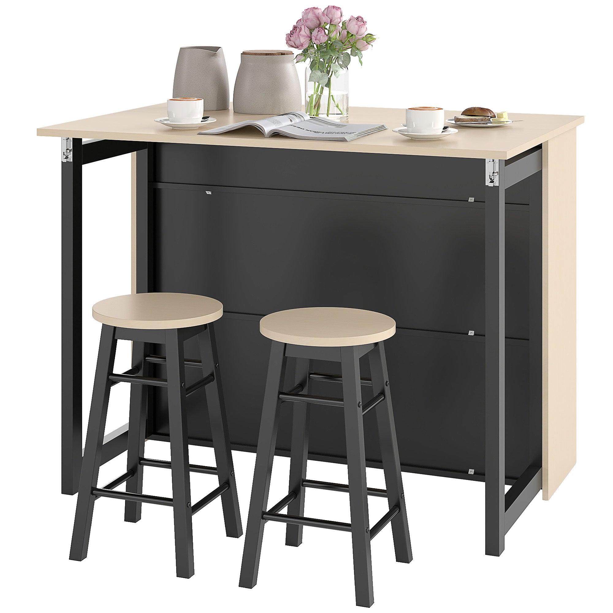 3-Delt barsæt, barbord med foldbar bordplade, 2 barstole, 6 opbevaringsrum, sort + eg, 116 x 70 x 89,5 cm 3-Delt barsæt, barbord med foldbar bordplade, 2 barstole, 6 opbevaringsrum, sort + eg, 116 x 70 x 89,5 cm
