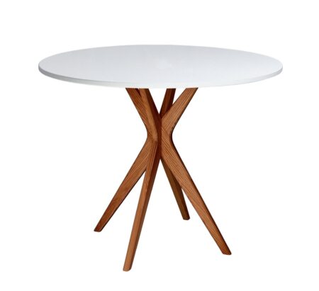 Rundt spisebord diam. 90cm, hvid bordplade lamineret MDF, ben i træ