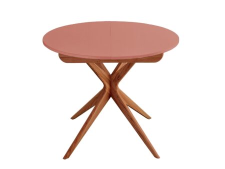 Rundt spisebord med udtræk, 90 cm, kan trækkes ud til 130 cm, pink med ege-farvede ben
