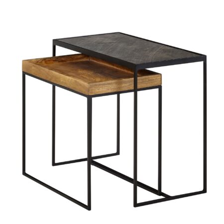 Sæt med 2 stueborde, massivt mangotræ/stenlook, rektangulært sidebord, industrielt design sidebord, rektangulært sofabord, 2-delt indskudsbordssæt