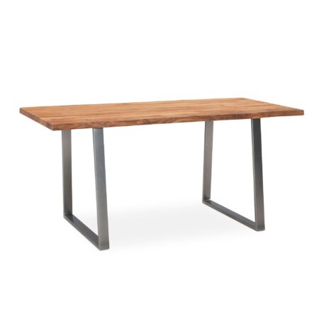 Skrivebord 140x80x76 cm, massivt akacietræ/metal, computerbord med levende kant, hjemmekontorbord, massivt træbord med trapezformede forkromede ben, træbord, laptopbord, arbejdsværelse