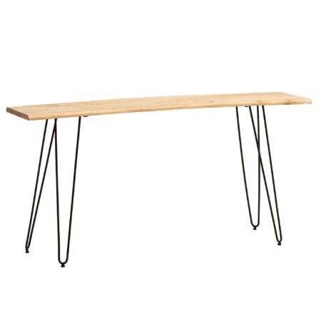 Skrivebord 150x36x75 cm, massivt akacietræ/metal, computerbord med levende kant, hjemmekontorbord, massivt træbord med hårnåleben i sort, smalt træbord, laptopbord, arbejdsværelse