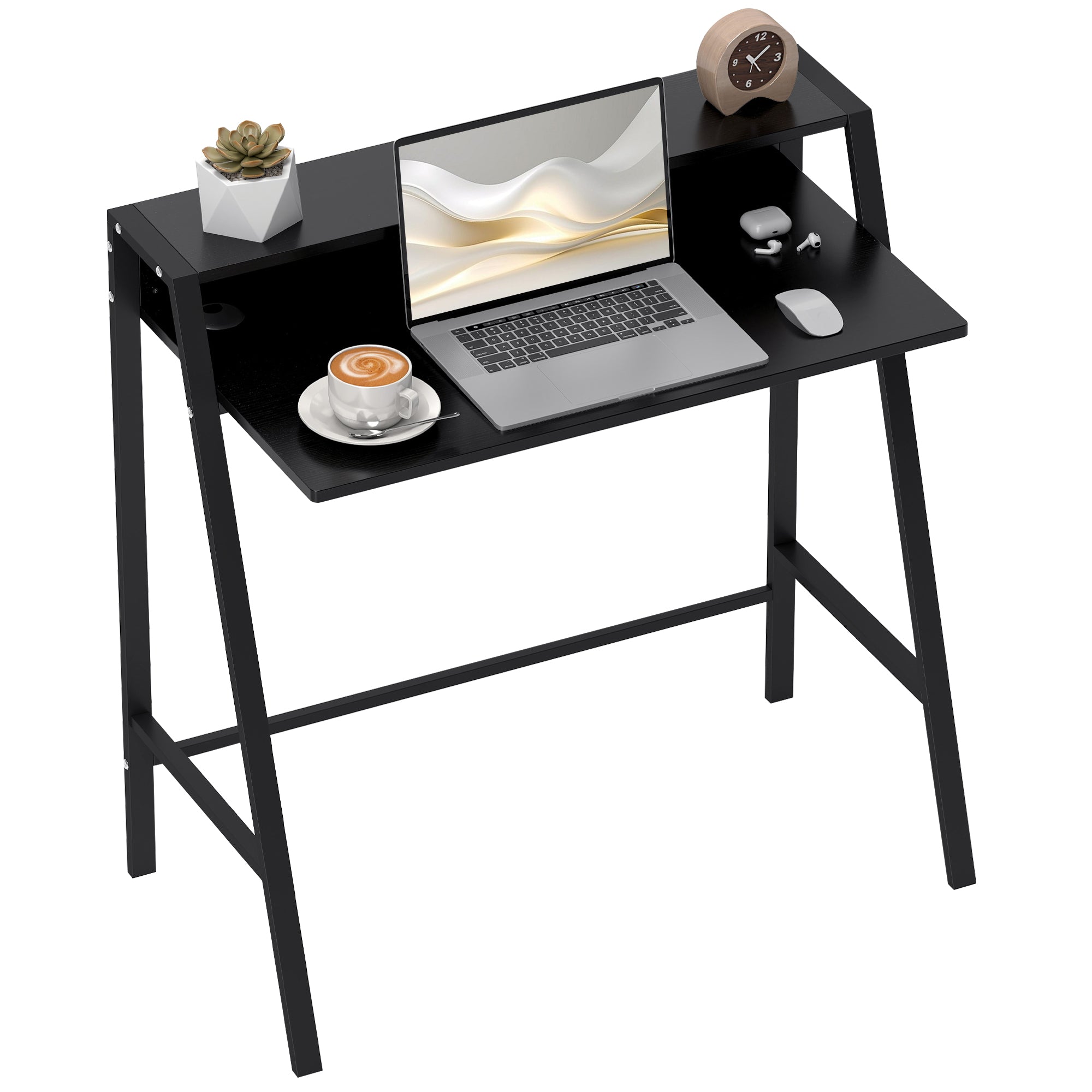 Skrivebord, computerbord med opbevaring og kabelhåndtering, moderne skrivebord med metalramme til studie, soveværelse, hjemmekontor, 84 x 45 x 85 cm, sort Skrivebord, computerbord med opbevaring og kabelhåndtering, moderne skrivebord med metalramme til studie, soveværelse, hjemmekontor, 84 x 45 x 85 cm, sort