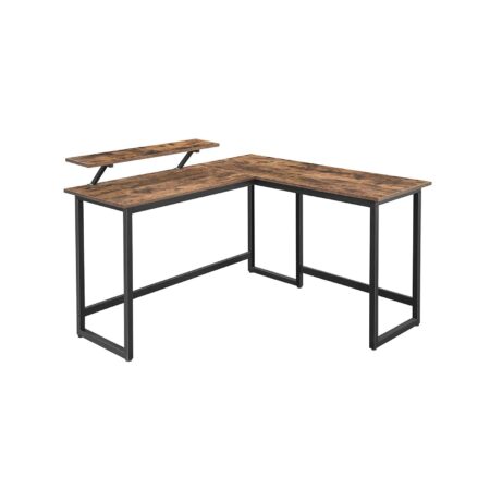Skrivebord i L-form med skærmhylde, pladsbesparende, justerbare fødder, metalstel, rustik brun, 140 × 130 × 76/91,5 cm
