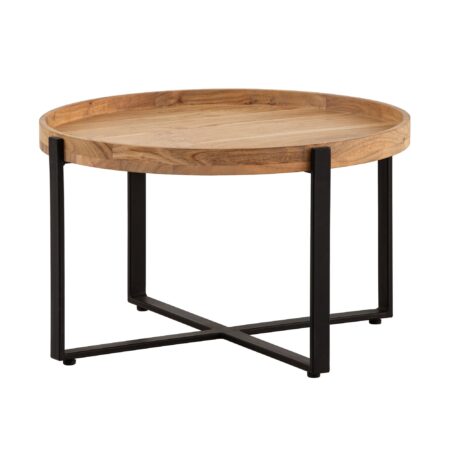 Sofabord 60x60x36 cm akacie massivt træ metal lysebrunt rundt sofabord