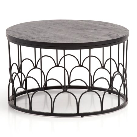 Sofabord 60x60x36 cm, massivt mangotræ / sort metal, rundt sofabord, industrielt design stuebord, massivt sofabord i træ med metalramme