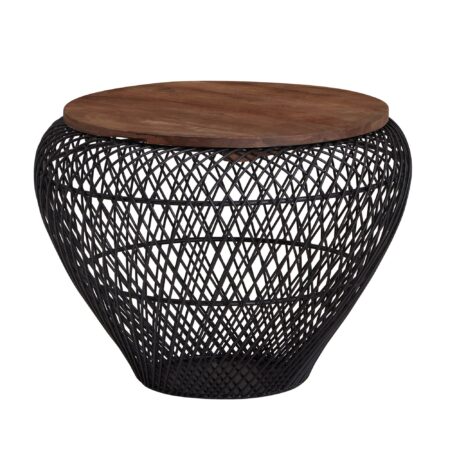 Sofabord, massivt mangotræ, metal, 60x60x45 cm, sort, rundt med opbevaring, designer stuebord, fletbord, moderne sidebord, sofabord til stuen