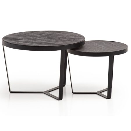 Sofabordsæt med 2, massivt akacietræ / stenlook, rundt stuebord, indskudsborde med metalstel, moderne sofabord, sofabord, 2-delt indskudsbord, sort / antracit