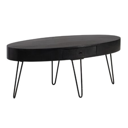 Sofabord 100x50x40 cm, massivt mangotræ og metal, ovalt designer stuebord med skuffe, massivt træ sofabord med opbevaring, stort stuebord med hårnåleben