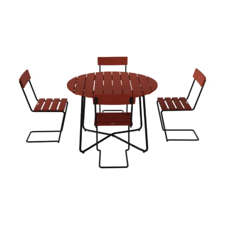 Grythyttan Stålmöbler 9A spisebord Ø100 cm + 4 Stol 1, mørkerød eg-sort stel