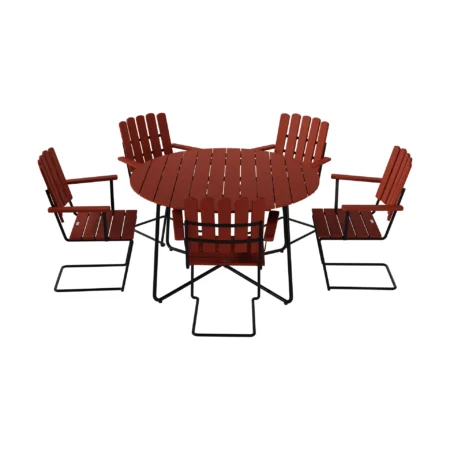 Grythyttan Stålmöbler 9A spisebord Ø120 cm + 5 A2 lænestol, mørkerød eg-sort stel