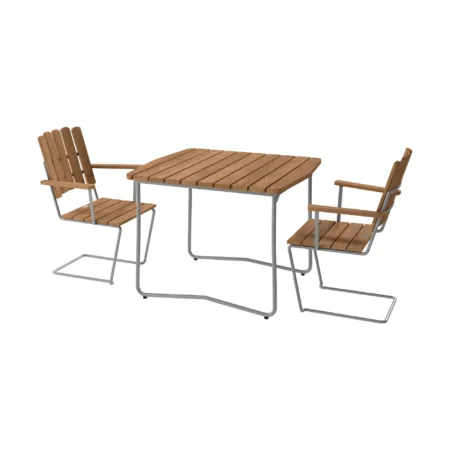 Grythyttan Stålmöbler B31 bord 92 cm + 2 A2 lænestol, teak-varmforzinket stel