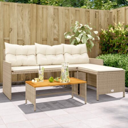 Havesofa med bord og hynder L-formet polyrattan beige