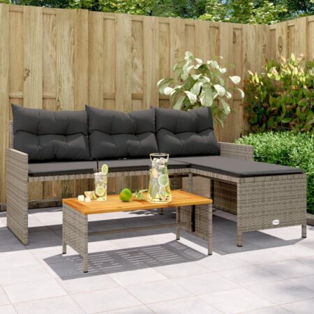 Havesofa med bord og hynder L-formet polyrattan grå