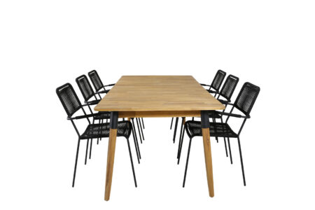 Julian havesæt bord 100x210cm og 6 stole armlæn Lindos sort, natur