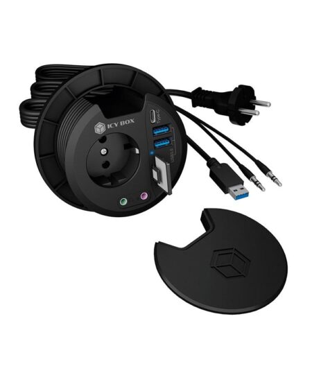 RAIDSONIC ICY BOX IB-HUB1430-CR – indbygget skrivebords-hub med stikkontakt, sort