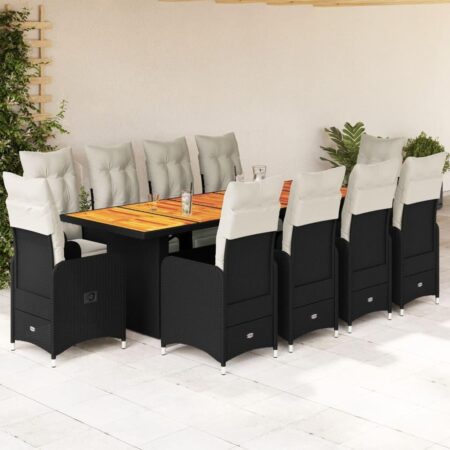 Bistrosæt til haven - 11 dele med hynder i sort polyrattan, bord 240 × 90 cm