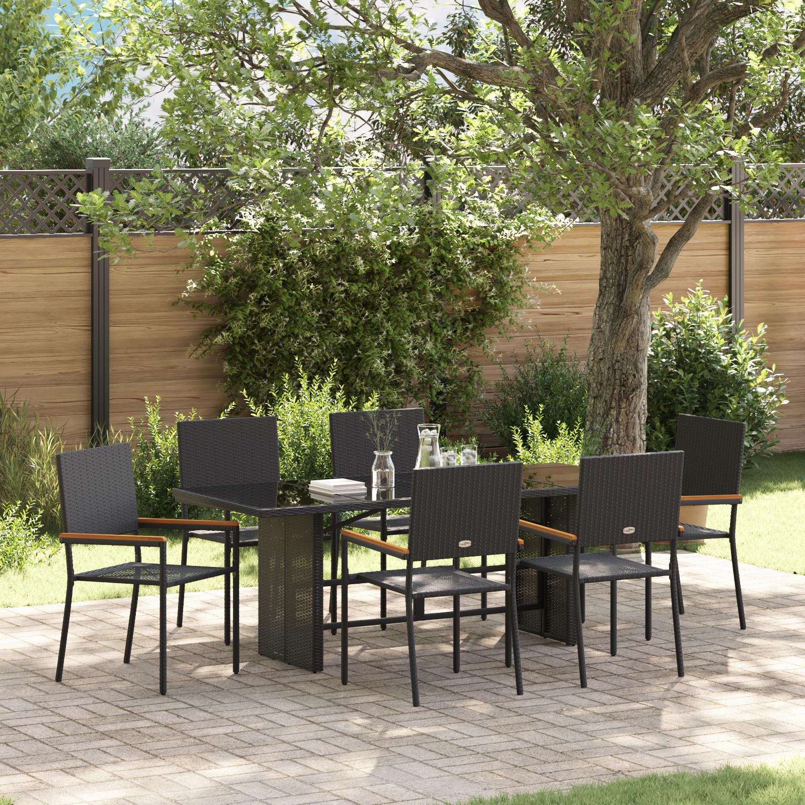 Have spisebordssæt 7 dele i sort polyrattan - moderne udendørs spisebord med 6 stole Have spisebordssæt 7 dele i sort polyrattan - moderne udendørs spisebord med 6 stole
