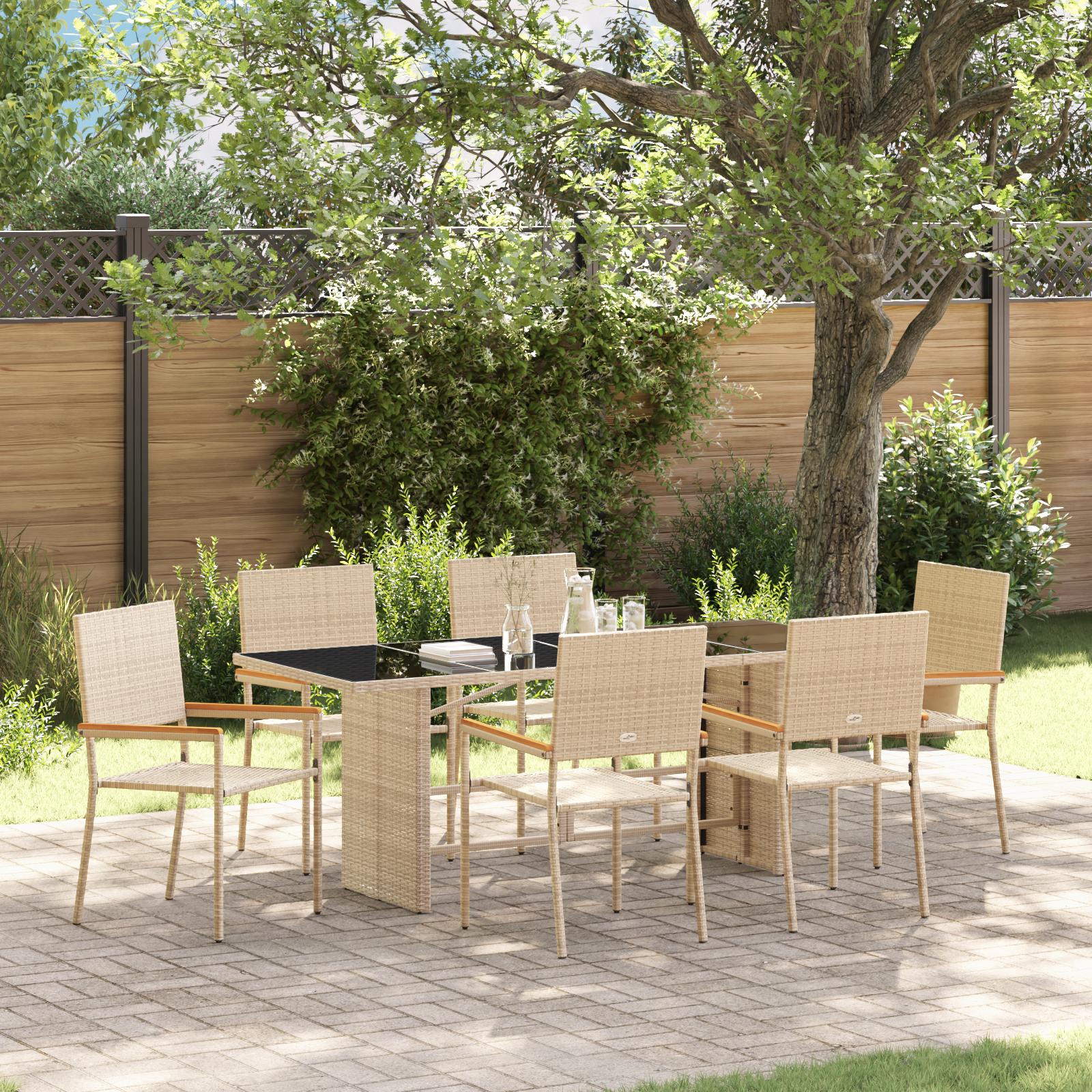 Have spisebordssæt i beige polyrattan - 7 dele (bord + 6 stole) Have spisebordssæt i beige polyrattan - 7 dele (bord + 6 stole)