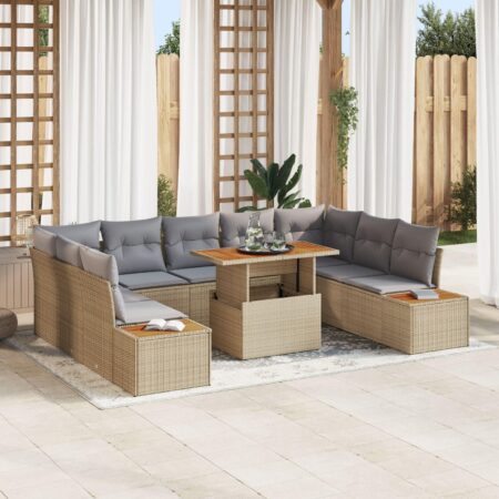 Have spisebordssæt i polyrattan - modulær sofa med bord og puder, 10 dele, beige/grå