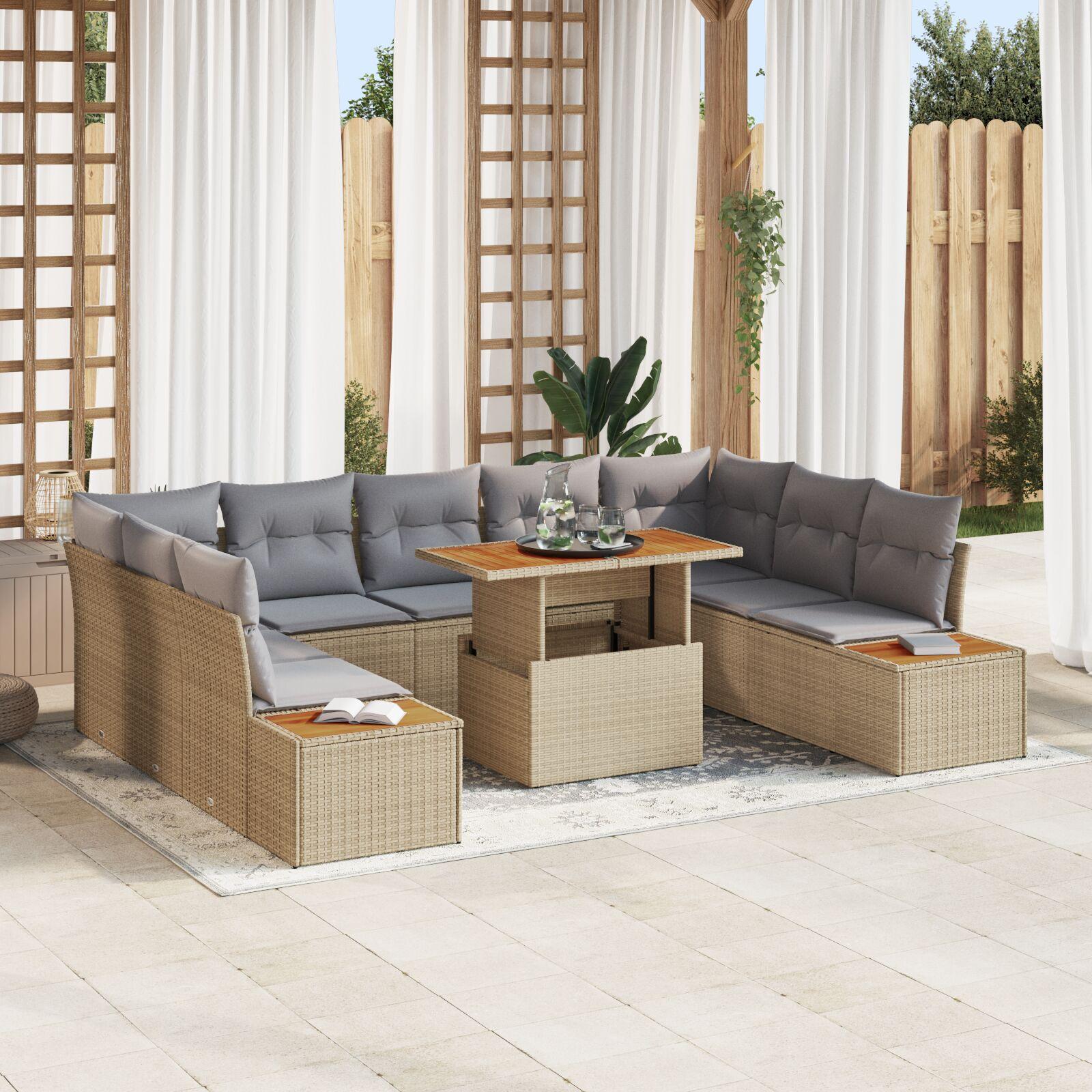 Have spisebordssæt i polyrattan - modulær sofa med bord og puder, 10 dele, beige/grå Have spisebordssæt i polyrattan - modulær sofa med bord og puder, 10 dele, beige/grå