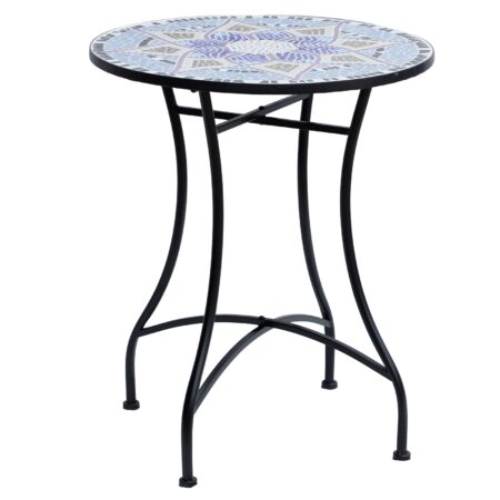 Havebord Ø60 x H71cm, vejrbestandigt metal balkonbord, udendørs spisebord, campingbord, sidebord, rundt terrassebord til have, terrasse, altan, blå+hvid