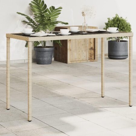 Havebord med glastop 115×54×74 cm i polyrattan - beige