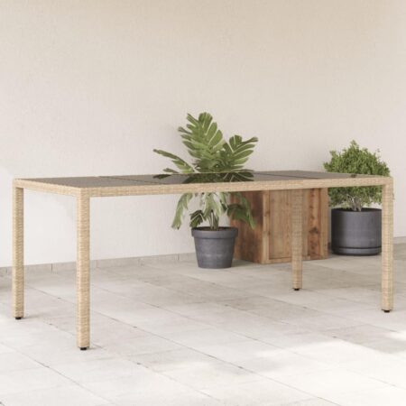 Havebord med glastop 190 × 90 × 75 cm i beige polyrattan
