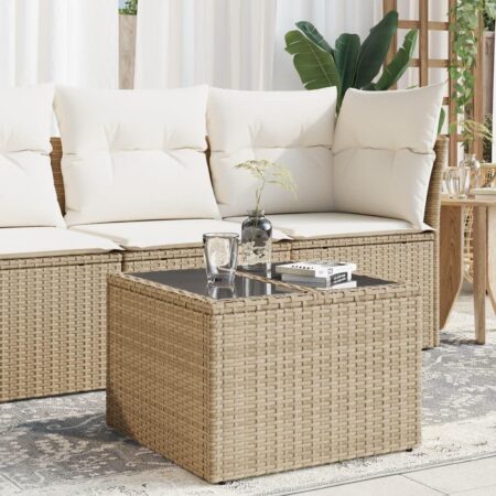 Havebord med glastop 55×55×37 cm i polyrattan - beige
