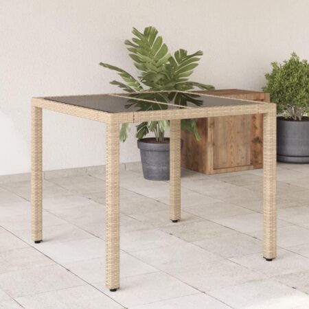 Havebord med glastop 90 × 90 × 75 cm i polyrattan - beige